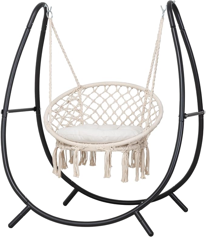 ANOW Macrame Hammock Chair with Stand for Outside Heavy Duty Hanging Chair Stand with Swing Chair Includes Seat Cushion Max 400 Lbs Natural