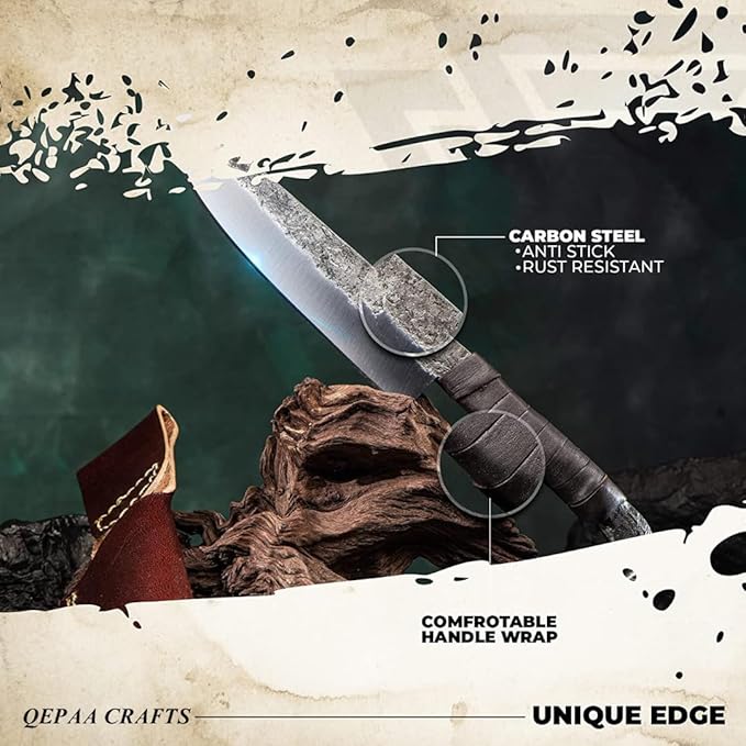 QEPAA CRAFTS® Odin's Raven Norse Viking-styled Knife 10.3 - Hand Forged 6.5 Carbon Steel Blade Raven's Head Hilt and Leather Sheath - Unique Medieval Seax Style - Norse Knife for Hunting &amp Camp