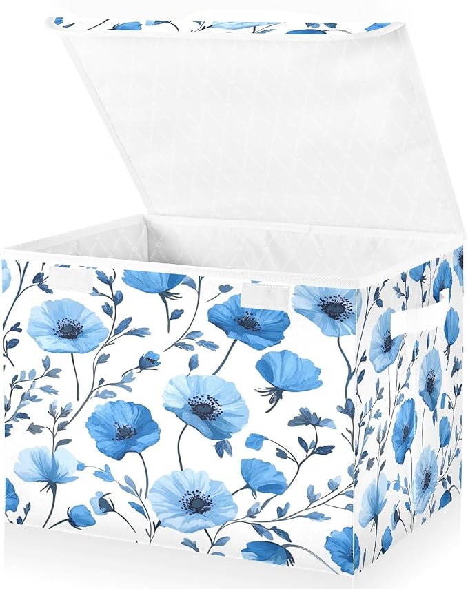 Blue Poppy Flowers and Branches Collapsible Storage Bins with Lids Decorative Fabric Cubes Closet Organizer Basket Boxes Containers for Clothes Box Chest Folding Rectangle