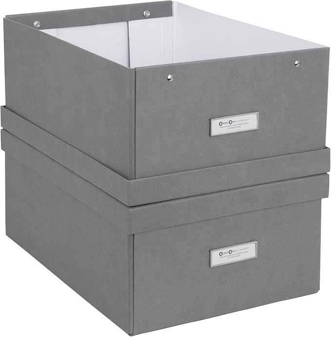 Bigso Box of Sweden Katia Collapsible Storage Box with Labelframe for Identification - Simple Assembly without Tools - Decorative Storage Boxes with Lids - 11.3in x 15.4in x 6.4in - 2 Pack - Grey