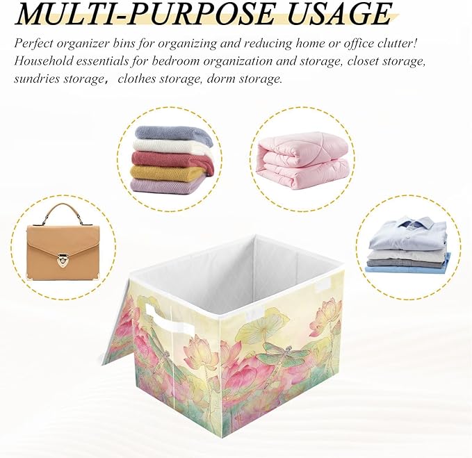 Dragonfly Lotuses Yellow Collapsible Storage Bins with Lids Decorative Fabric Cubes Closet Organizer Basket Boxes Containers for Clothes Box Chest Folding Rectangle