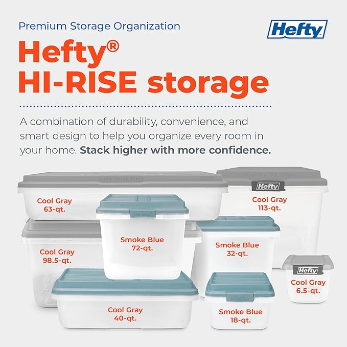 Hefty 18 Quart Hi-Rise Storage Bin with Lid Stackable Plastic Container for Home Office and Classroom Organization 8 Pack Smoke Blue
