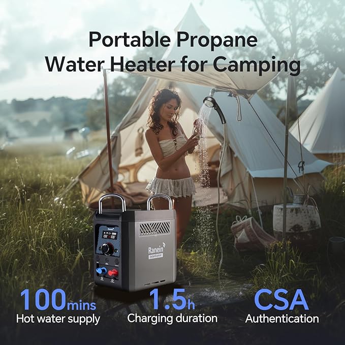 Ranein Portable Propane Water Heater for Camping On-Demand Outdoor Hot Shower Built-In 4000mAh Rechargeable Battery Compact Instant Hot Water Heater