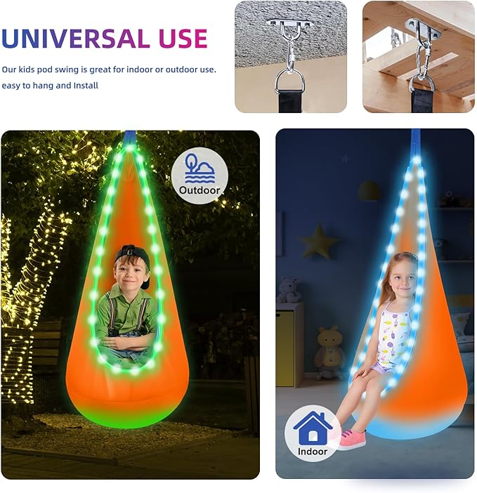Light Up Swing Chair Hammock Chair Indoor Outdoor for Kids Pod with LED Lights Soft and Safe 176 lb. Load Capacity Easy Installation Perfect for Bedroom Garden and Playroom (Orange)