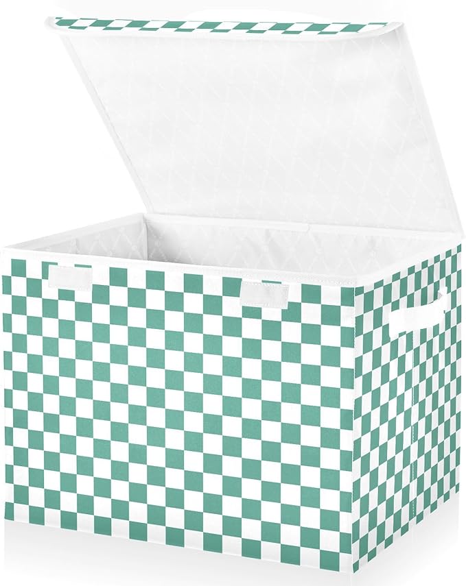 Green White Checkerboard Storage Baskets Lidded Bin Foldable Storage Boxes Cubes Lids with 2 Handles for Organizing Closet Home Office