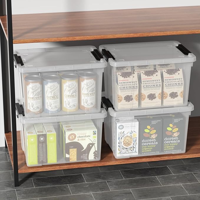 24 Quart Clear Latching Bin with Lids Stackable Plastic Storage Box with Wheels 6 Packs