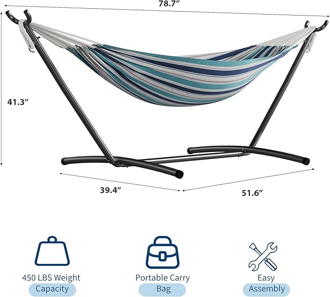 GarveeLife Double 2 Person Hammock Indoor Outdoor Standing Hammock with Space Saving Steel Stand Carry Bag 450 LBS Weight Capacity Suitable for Garden Camping Beach Ocean