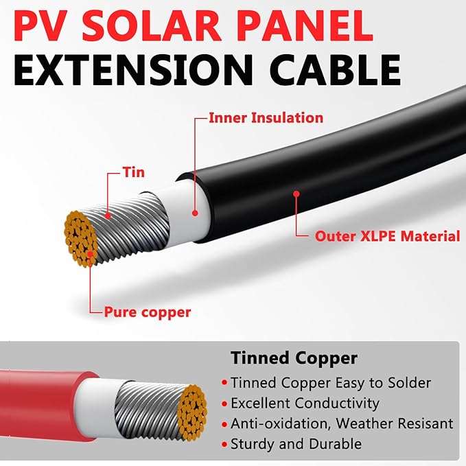 Vansdon 2x30 Feet Solar Panel Extension Cable- 10AWG Solar Cable Solar Panel Cable with Female and Male Waterproof Connectors for RV Photovoltaic Systems