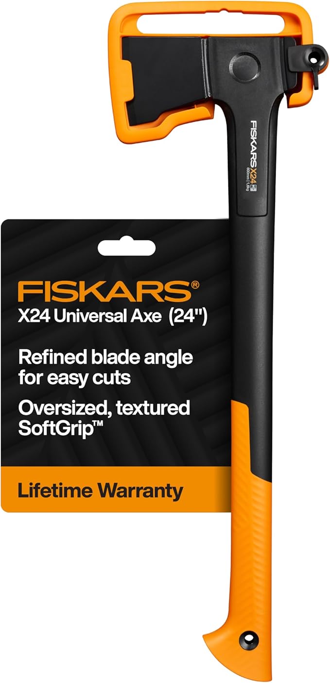 Fiskars X24 Universal Axe 24 Forged Steel Blade for Felling Trees &amp All-Purpose Chopping Shock-Absorbing FiberComp Handle &amp Low-Friction Coating for Clean Cuts in Fresh Resinous Wood