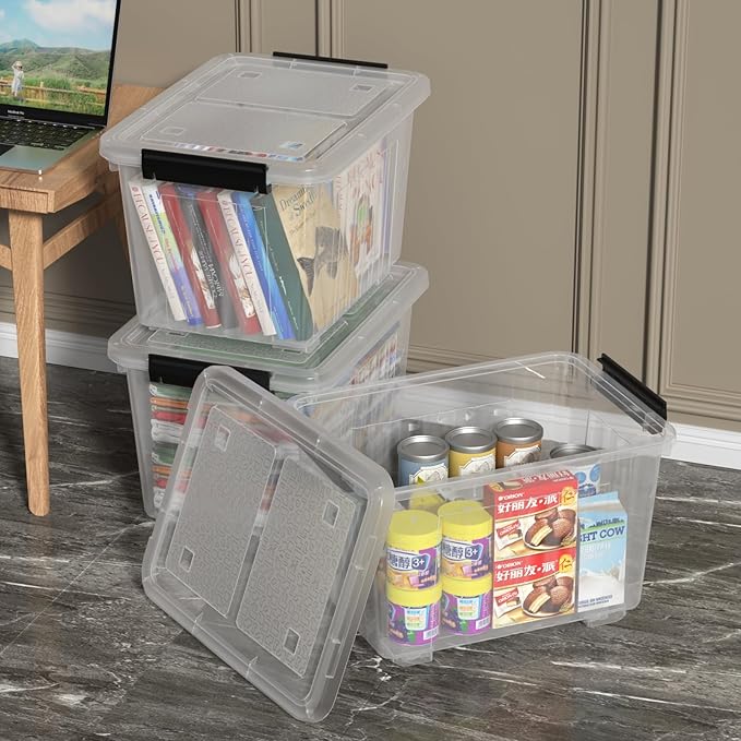 Zopnny 30 Quart Plastic Stacker Box Large Storage Bin Container with Latching Lids and Wheels for Home and Garage Organizing Shoes Tools Clear Base 4-Pack
