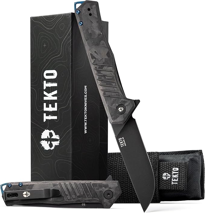 TEKTO KNIVES F1 Alpha Folding Pocket Knife - Modified Straight Back Blade Titanium Coated D2 Steel Ideal for Outdoor Camping &amp BackpackingTactical Forged Carbon Fiber Handle Blue Titanium Acce