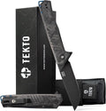 TEKTO KNIVES F1 Alpha Folding Pocket Knife - Modified Straight Back Blade Titanium Coated D2 Steel Ideal for Outdoor Camping &amp BackpackingTactical Forged Carbon Fiber Handle Blue Titanium Acce