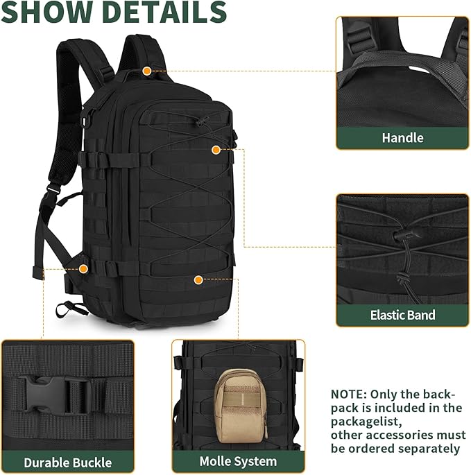G-raphy Tactical Backpack 20L Small Military Rucksack Daypack Molle Army Work Bag Motorcycle Backpacks for Men Women Camping Cycling Travelling Hiking Sports Outdoors (Black-2)