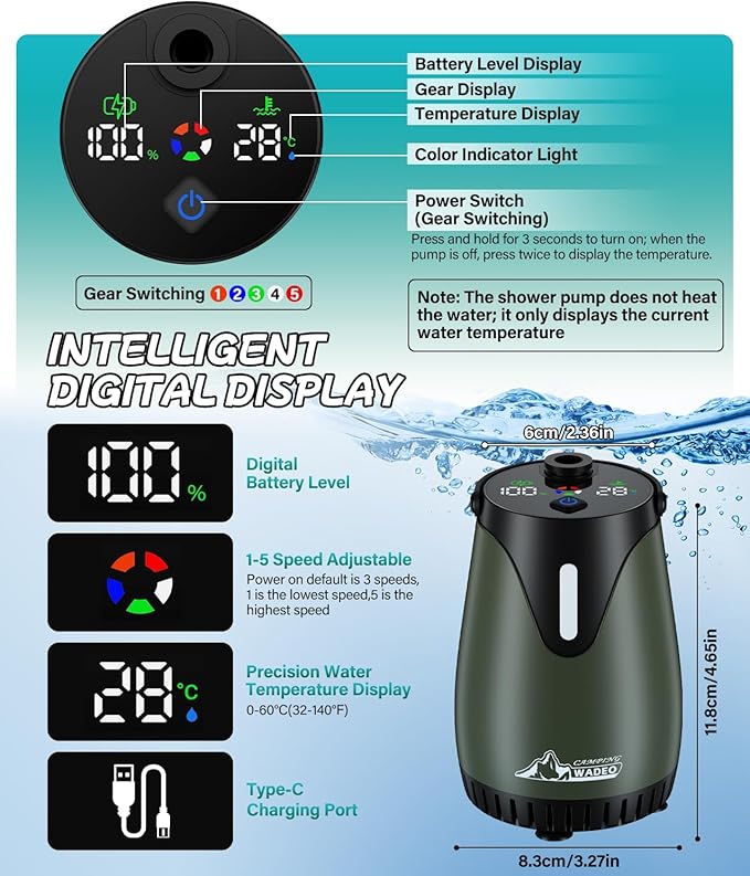 2026 Portable Shower for Camping with 5-Gallon Water Jug Rechargeable Camping Shower Food Grade Material Water Containers for Fruit &amp Vegetables Wash Integrate Design for Outdoors Hiking