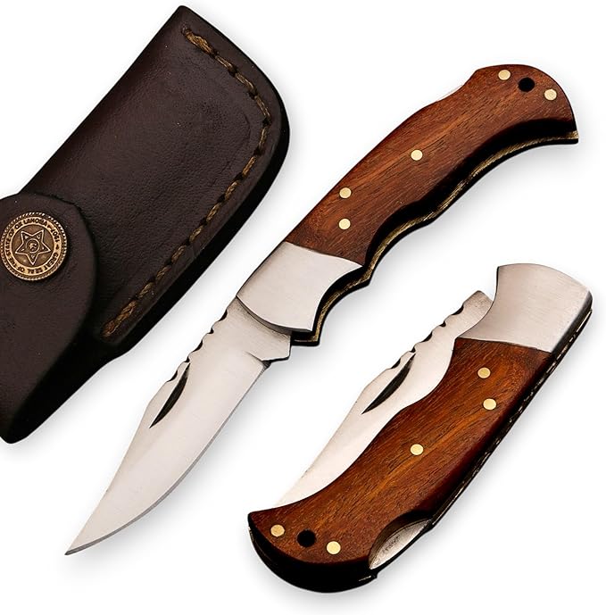 Babu Butt &amp CO Damascus Steel Folding Hunting Knife Set (2-Piece) Rosewood Handle Pocket Knife Handmade EDC Knife for Camping Survival &amp Outdoor Use Gift for Dad Groomsmen Father's Day