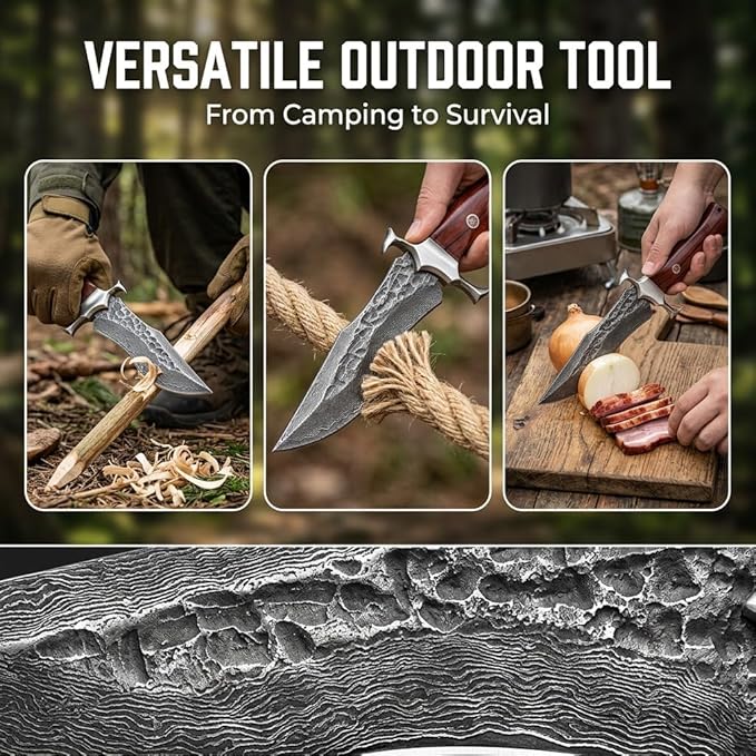 10.2 Fixed Blade Outdoor Hunting Knife Damascus Pattern 9Cr18 Stainless Steel Forged Blade with Hammered Finish Ergonomic Wood Handle &amp Embossed Leather Sheath Ideal for Camping Survival &amp