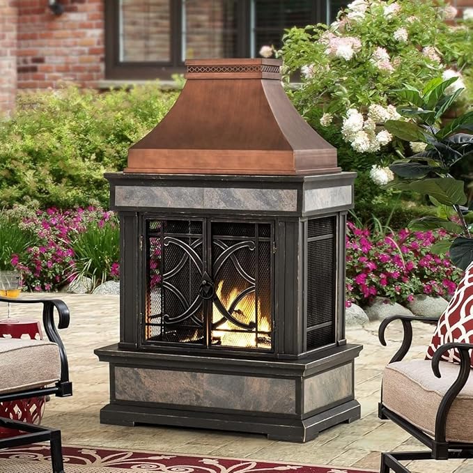 Sunjoy Outdoor Fireplace Stone Look Tile Patio Wood Burning Steel Fireplace with Chimney Spark Screen Fire Poker Rain Cover and Removable Grate Copper with Gray Tile