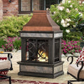 Sunjoy Outdoor Fireplace Stone Look Tile Patio Wood Burning Steel Fireplace with Chimney Spark Screen Fire Poker Rain Cover and Removable Grate Copper with Gray Tile