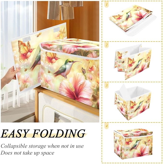 Collapsible Storage Bins with Lids Decorative Fabric Storage Cubes Closet Organizer and Storage Basket Boxes Containers for Clothes Box Chest Nursery Folding Rectangle Hibiscus Blossom and Hu