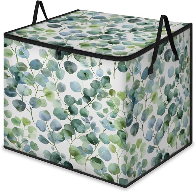 XL Large Clothes Storage with Lid Handle Green Eucalyptus Large Thick Clothes Blanket Storage Containers for Organizing Bedroom Closet Comforter Organization Storage Natural Plant Leave