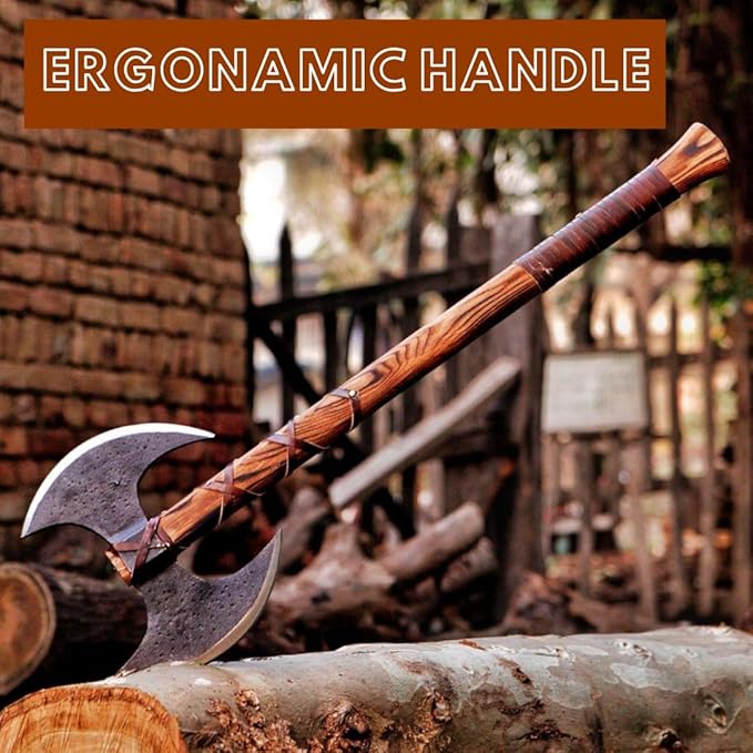 QC® Double Headed Carbon Steel Viking Bearded Axe with Wooden Handle - Scandinavian Style Axe Norse Axe Seax (DHA2)