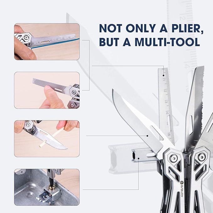 BIBURY Multitool with Pocket Knife 21-in-1 Stainless Steel Pliers with Screwdriver Safety Locking Multi tools with EDC Knife for Survival Camping Fishing Repair Birthday Gifts for Men Women