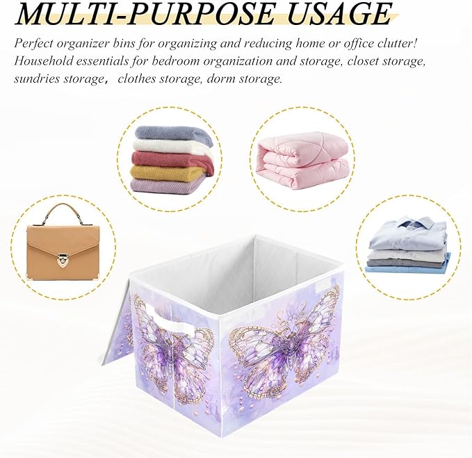 MNSRUU Containers Baskets with Lids Fantasy Purple Butterfly Foldable Storage Bins Organizer with Lid Collapsible Storage Boxes for Home Bedroom Closet Office