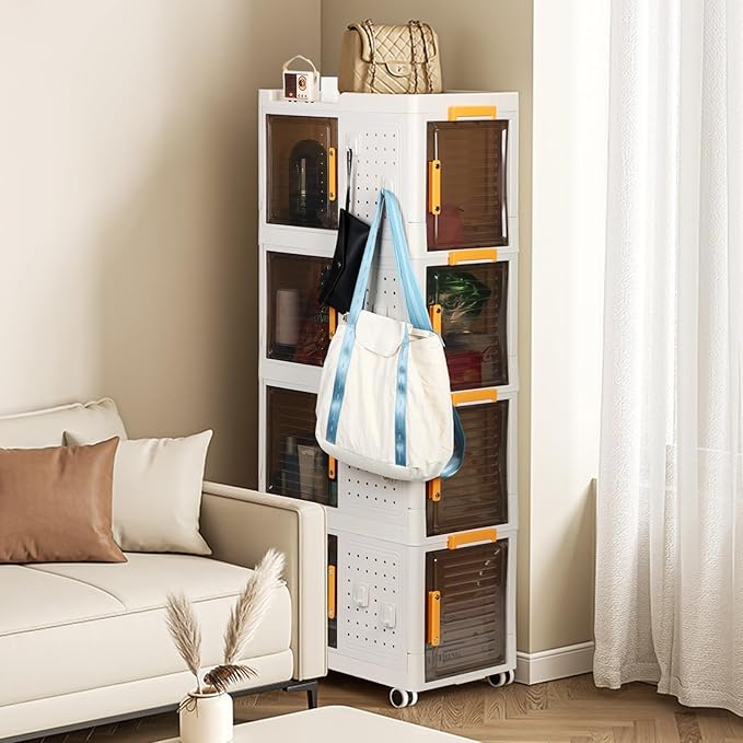 Foldable Storage Bins 4-Layer Stackable Storage Box with Lids Collapsible Storages Cabinet on Wheels Large Plastic Organizer Containers Transparent Closet Case Portable Solution White