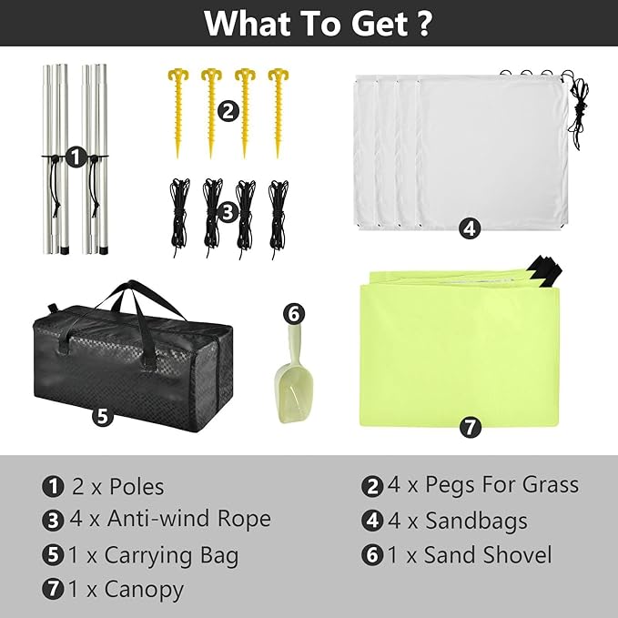 xigua Grass Green Beach Tent Sun Shelter with Carrying Bag - Silver Coated Oxford Fabric Beach Canopy for Beach Camping Fishing - Includes Windproof Ropes Sandbags &amp Stakes