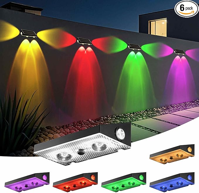 Solar Fence Lights 9 Fixed Colors 10 Modes Solar Lights Outdoor Waterproof 3-Way Warm White Cool White and RGB Color for Backyard Garden Wall