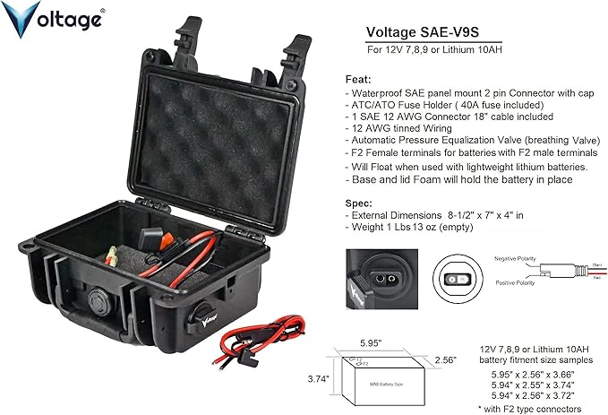 Voltage Waterproof Battery Box Enclosure with SAE Connector for 12V 9ah 12V 8ah or Lithium 12V 10ah Batteries Kayak Fishfinder GPS Lighting and Outdoor Solar Systems