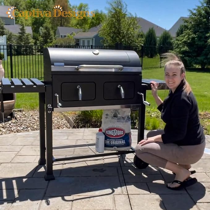 Captiva Designs Extra Large Charcoal BBQ Grill with Oversize Cooking Area(794 SQIN) Outdoor Cooking Grill with 2 Individual Lifting Charcoal Trays and 2 Foldable Side Tables