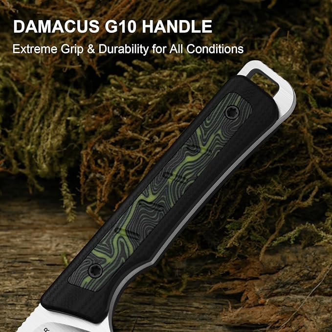 Kizer Whiskey Jack Fixed Blade Knife 2.06 Drop Point AEB-L Blade Hunting Knife with Kydex Sheath Black &amp Green G10 &amp Damascus G10 Handle EDC Knives for Camping Survival 1108A3