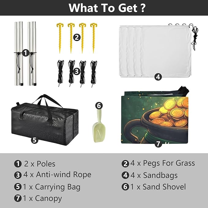 St Patrick's Day Coin Pot Beach Tent Sun Shelter Set UPF50+ UV Protection 10.5 x 9.19 FT Camping Shade Canopy with Sandbags Sand Anchors Carrying Bag and Others
