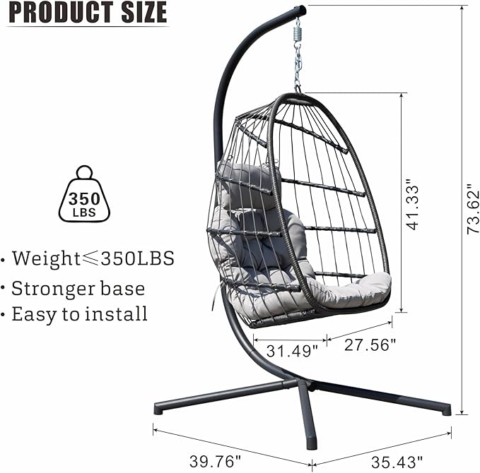 HWB Hanging Egg Chair with Stand Patio Wicker Egg Swing Chair with Cushion for Bedroom Garden Indoor Outdoor (Grey)