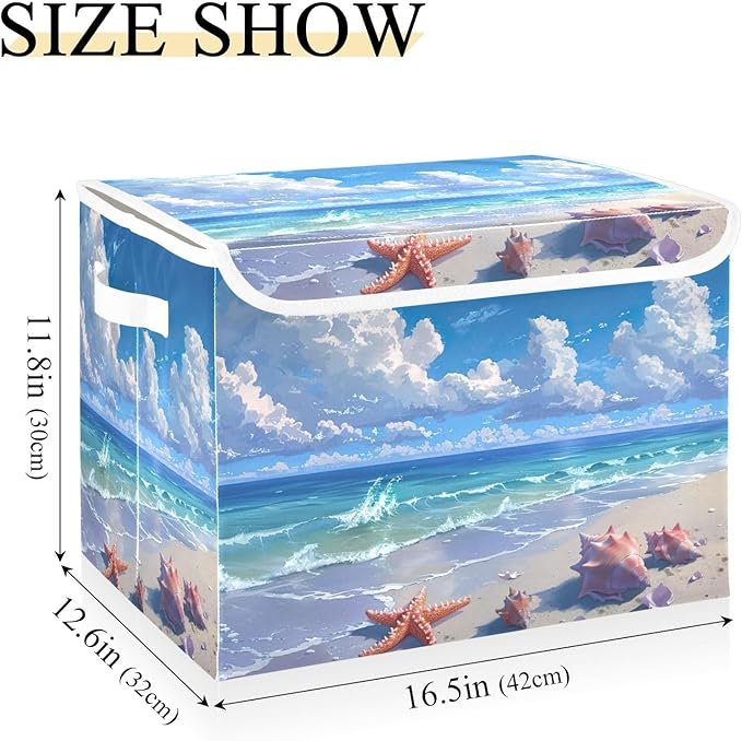 Kigai Beach Shells Foldable Storage Bin Cube Organizer Basket with Flip-Top Lid Clothes Blanket Box for Home Office Closet