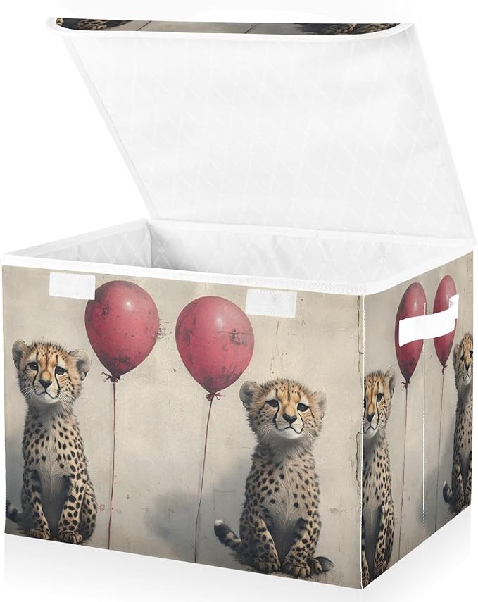AIXIWAWA Lidded Storage Cube (Cute Cheetah) Fabric Foldable Closet Bins with Flip Lid and Handles Organizer Basket Container 16.5 x 12.6 x 11.8 IN