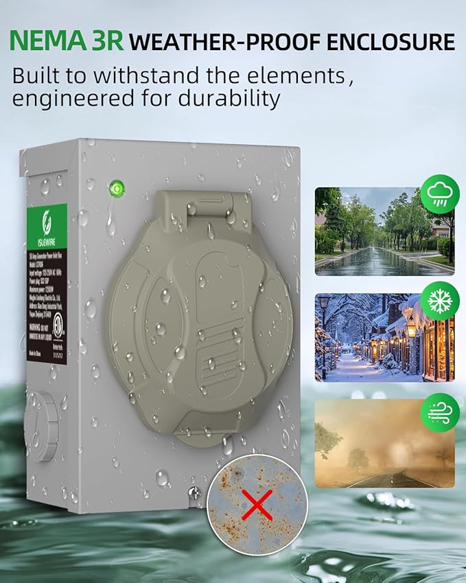 50 Amp Generator Power Inlet Box Pre-drilled NEMA SS2-50P Box 4-Prong Twist Lock Plug 125/250V 12500W Weatherproof NEMA 3R for Outdoor Use LED Indicator Emergency Ready ETL Listed