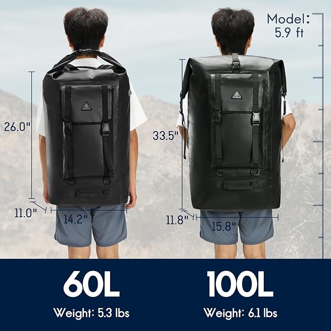 Haimont Large Waterproof Dry Backpack IPX7 Roll-top Dry Marine Dry Bag for Men Kayaking Rafting 100L Black