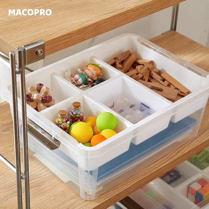 MACOPRO 17 QT Plastic Storage Box with Removable Tray Bins with Lids Clear Storage Container for Craft Supplies Beads Tools Sewing and Playdoh Organization (White 1Pack-17QT)