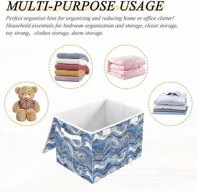 senya Large Storage Bins with Linen Collapsible Foldable Storage Cubes Fabric Closet Organizer Containers Box with Flip-Top Lid Home Bedroom Office 16.7 x 12.6 x 11.8in (Blue Gold)
