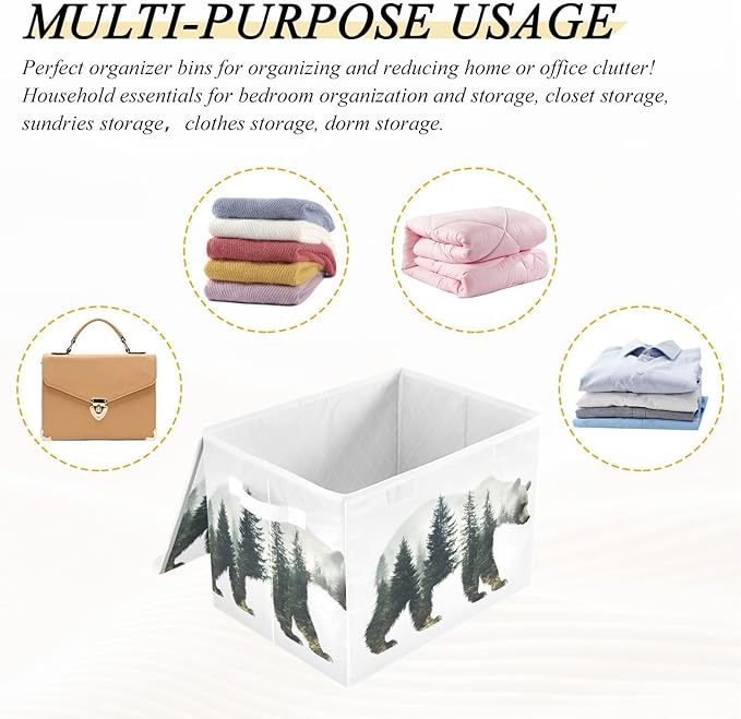 AIXIWAWA Lidded Storage Cube (Forest Bear) Fabric Foldable Closet Bins with Flip Lid and Handles Organizer Basket Container 16.5 x 12.6 x 11.8 IN
