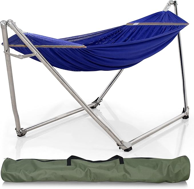 Tranquillo 650 lbs Capacity Double Hammock Stand for 2 Persons Adjustable Hammock Collapsible Camping Hammock and Stand Signature Stainless Steel Stand Breathable Polyester Hammock Net Pearl Blue