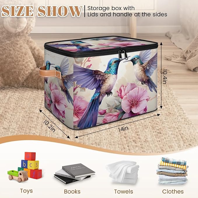 Storage Bins with Lids Flower Hummingbird Storage Basket Clothes Organizer with Handles Closet Storage Containers for Clothing Bedding Blanket