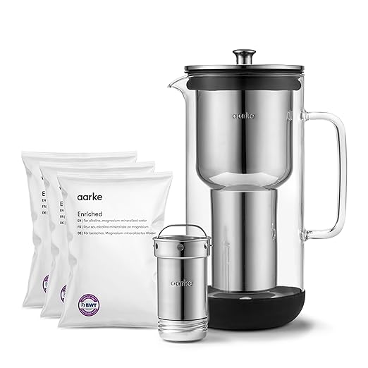 Aarke Purifier Regular Glass Pitcher Bundle w/Steel Filter BPA-Free 3 Enriched + 1 Pure Granules 2.4L Pitcher with 1.18L Filtration Capacity
