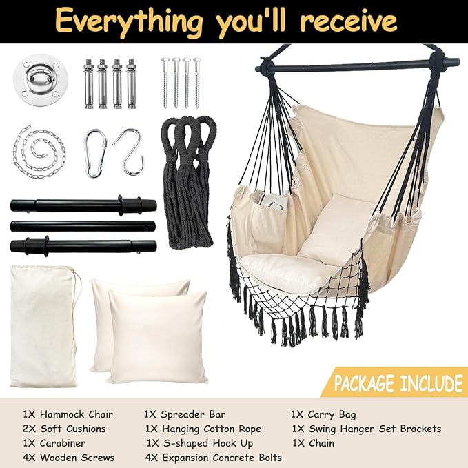 Hammock Chair Hanging Rope Swing ChairMax 450 Lbs Large Hanging Chair with Pocket 2 Cushions Removable Steel Bar Hardware Kit Included Sturdy and Comfortable for Indoor Outdoor (Beige)