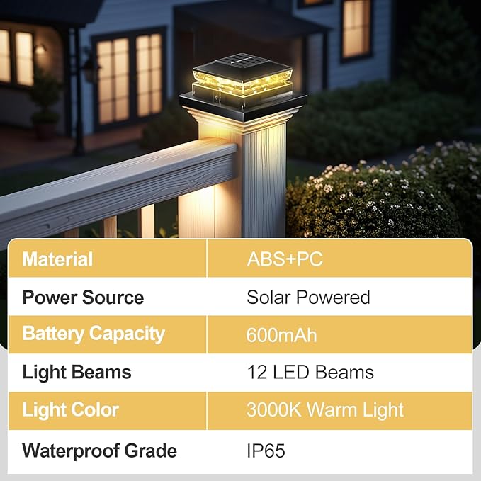 Solar Post Cap Light 8 Packs Waterproof Solar Powered Fence Light 4x4 IP65 Black Outdoor Post Solar Lights for Deck Garden &amp Patio Lights for 3.5x3.54x45x5 Wood &amp Vinyl Posts Warm White Li
