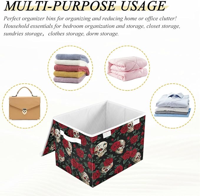 Storage Bins With Lid Stackable Fabric Closet Organizer Clothing Storage Large Boxes For Closet Shelves Bedroom Black Skulls Roses Elegant Edgy