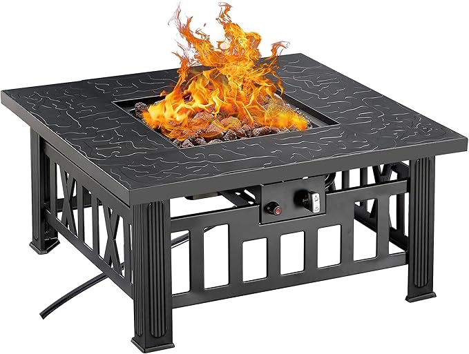 VECELO Propane Fire Pit 30 Inch Outdoor Gas Fire Table 50000 BTU Square Firepit with Lid and Lava Rock Adjustable Flame Steel Fire Table for Outdoor Patio Backyard Party Black