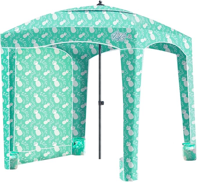 Qipi Updated Beach Cabana - Easy to Set Up Canopy Waterproof Portable 6' x Shelter Included Side Wall Shade with UPF 50+ UV Protection for Kids Family Green Pineapple Jungle